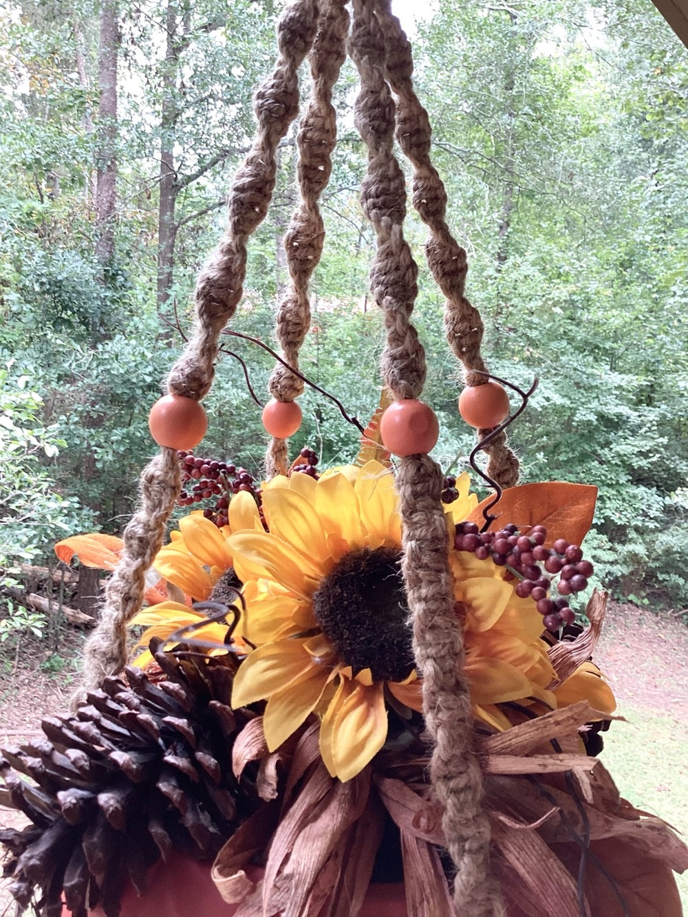 Plant Hanger Macrame Hand Crafted Jute Cord Peach Orange Wooden Beads